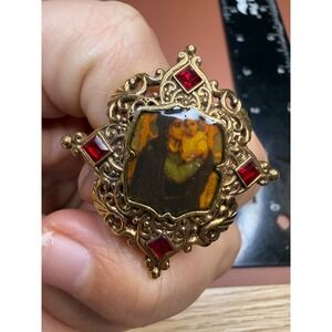 Vatican Library Collection Gold Tone Portrait Brooch Red Rhinestone Filigree Pin